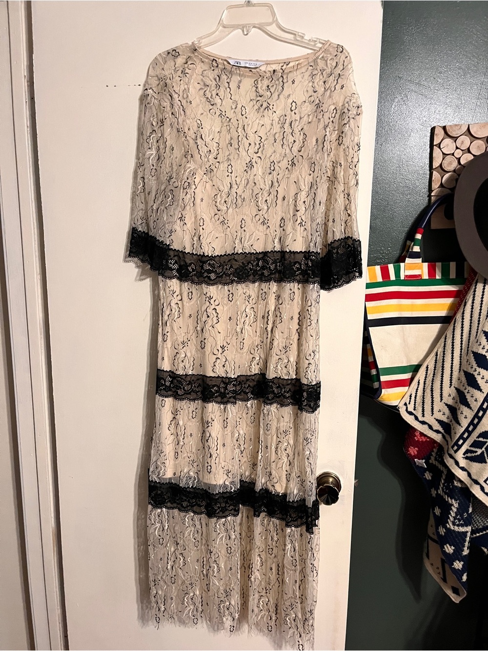 Zara design Elegant Cream Lace Maxi Dress with Black Trim